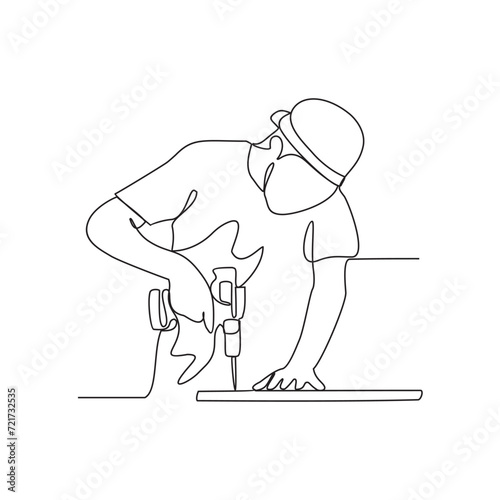 One continuous line drawing of a site worker is drilling into wood in building project vector illustration. Building construction site activity illustration simple linear style vector concept.