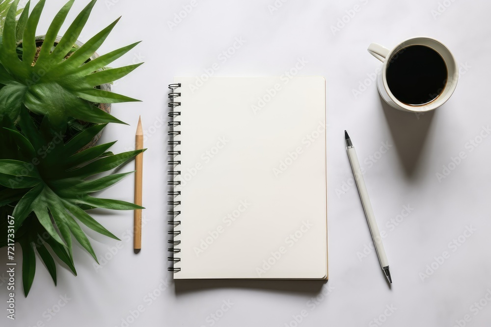 Blank notepad with pencil and coffee cup on white background. Top view of creative designer's workspace with blank notepad, a cup of coffee, a pen and green leaves. minimalist. Blank notepad with pencil and coffee cup on white background. Top view of creative designer's workspace with blank notepad, a cup of coffee, a pen and green leaves. minimalist.
