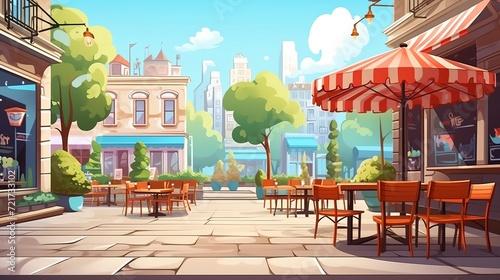 Outdoor street cafe in summer park area cartoon illustration outside restaurant area with table chair and umbrella exterior with city building landscape urban bistro coffeehouse on sidewalk design 