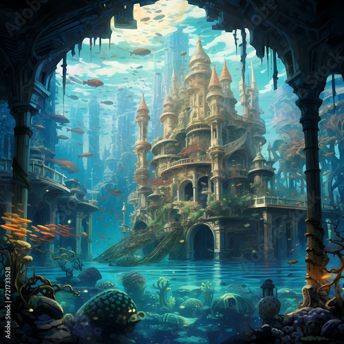 A surreal underwater city with mermaids and marine animals