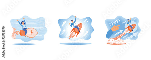 Businessman and Woman Flying with Rocket. Starting a new business towards success. Businessman holding rocket concept. Set Flat vector illustration.