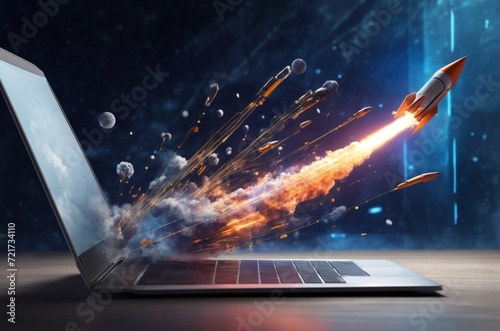 Rocket launching From Laptop Screen. Ai generated