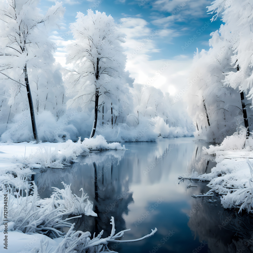 A serene winter landscape with snow-covered trees