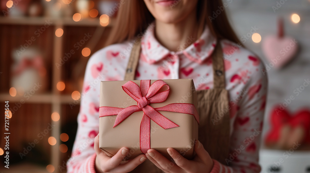 woman holding gift box during valetine, close up of womand hands with present for valentine