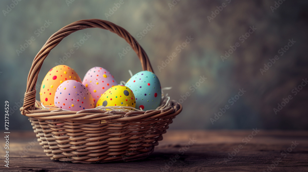 Fototapeta premium easter background postcard with a bag with painted eggs, close up of a basket with eggs with a soft warm background light