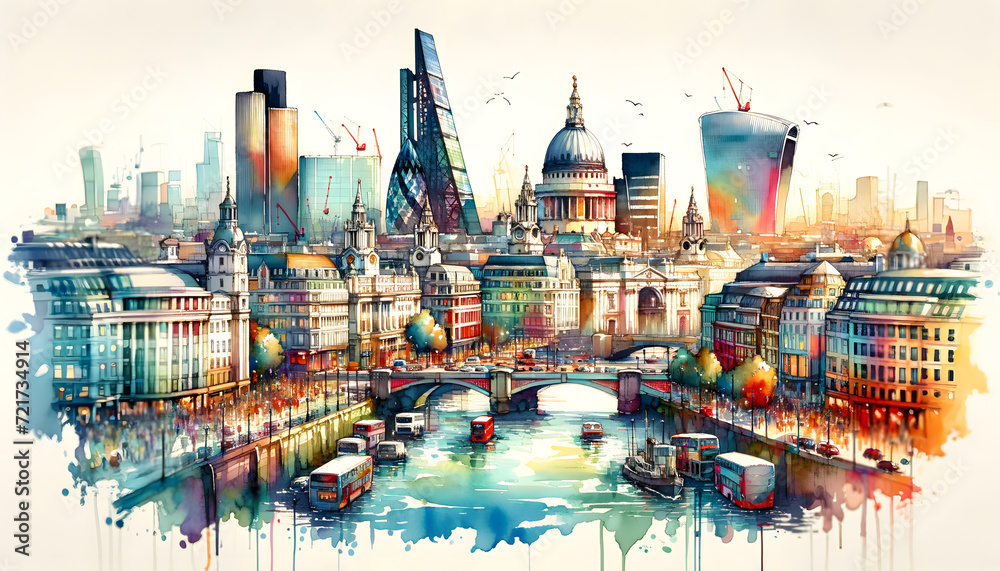 depicting a watercolor drawing of London City