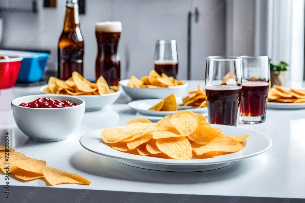 chips in the plate with drink in glass, kitchen in the background