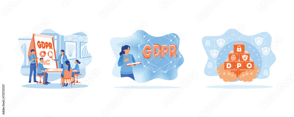 Naklejka premium Business team holding meeting in office. Young woman working with information. Data Protection Officer ( DPO ). General rules for data protection gdpr concept. Set Flat vector illustration.
