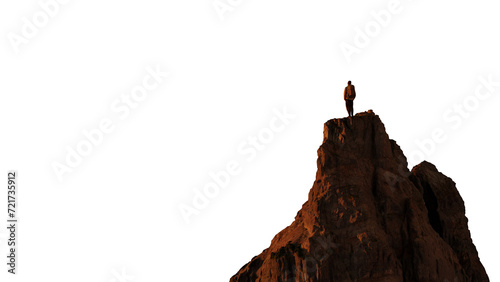 Adventure Man Hiker standing on top of Narrow Mountain Peak. Cutout on White Background. 3d Rendering.