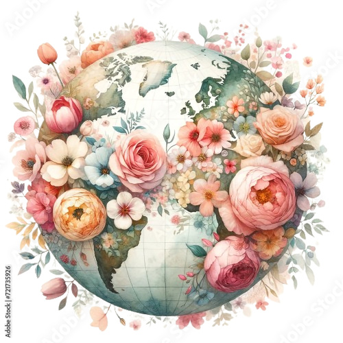Watercolor Floral Earth Isolated on a Transparent Background. Floral Globe Clipat. Vector art, Flat Design
