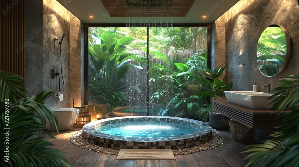 A luxurious spa bathroom featuring a rainfall shower, mosaic tile accents, and a sunken jacuzzi surrounded by lush tropical plants, transporting you to an oasis of relaxation.