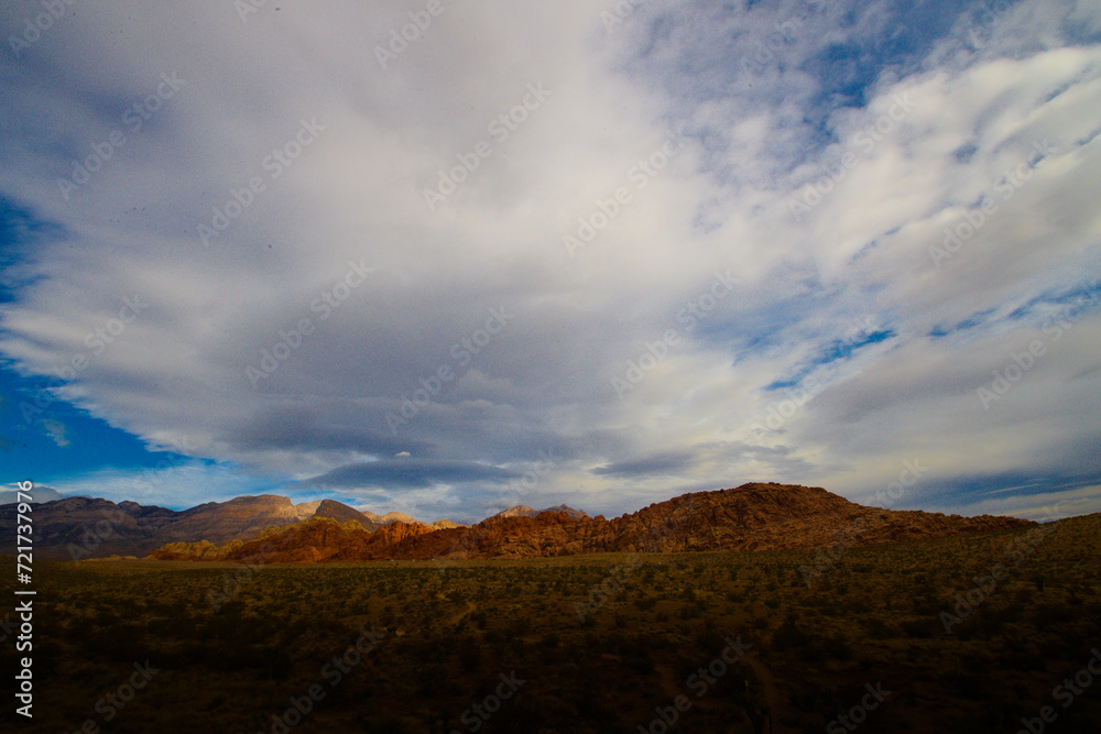 Dramatic wide-angle view of distinctive rock formations at Red Rock Canyon