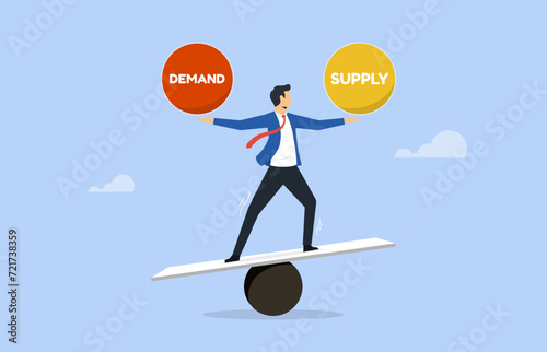 Businessman balancing between supply and demand on the seesaw, marketing equilibrium concept photo