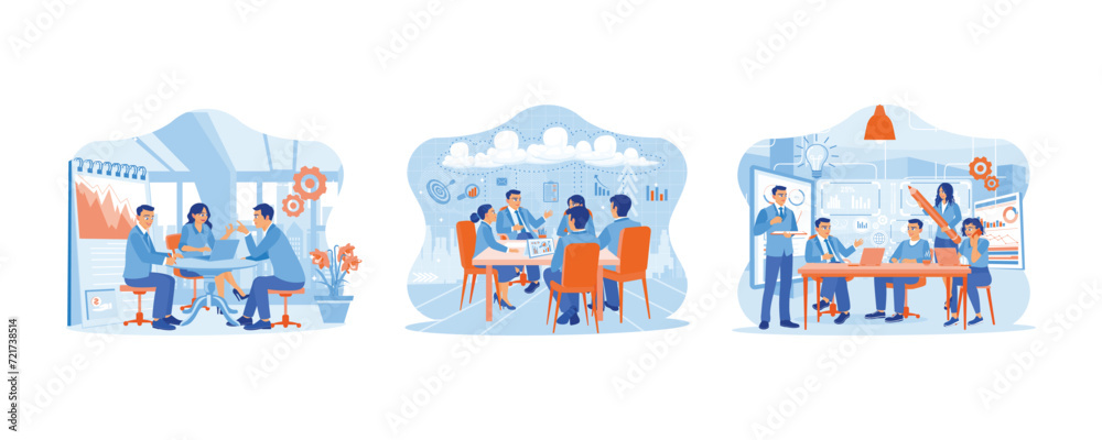 Business people are sitting at the office desk. Working and talking together. Dialogue and communication. Team of people sitting at desk with laptops concept. Set Flat vector illustration.