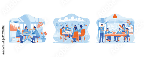 Business people are sitting at the office desk. Working and talking together. Dialogue and communication. Team of people sitting at desk with laptops concept. Set Flat vector illustration.