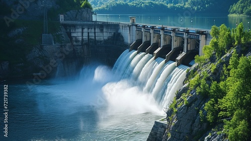 Portrait a large dam with water flowing out. Hydroelectric power plant background. photo