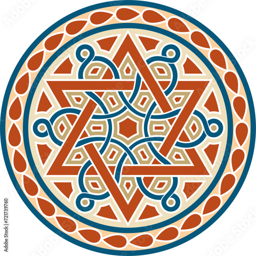 Vector colored round Jewish ornament. Star of David. Semitic circle, ring.