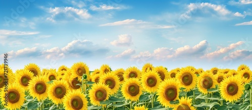 Field of flowers of sunflowers  blue sky and white clouds in the background