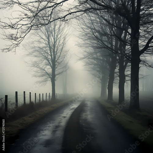 Foggy morning on a tranquil countryside road. © Cao