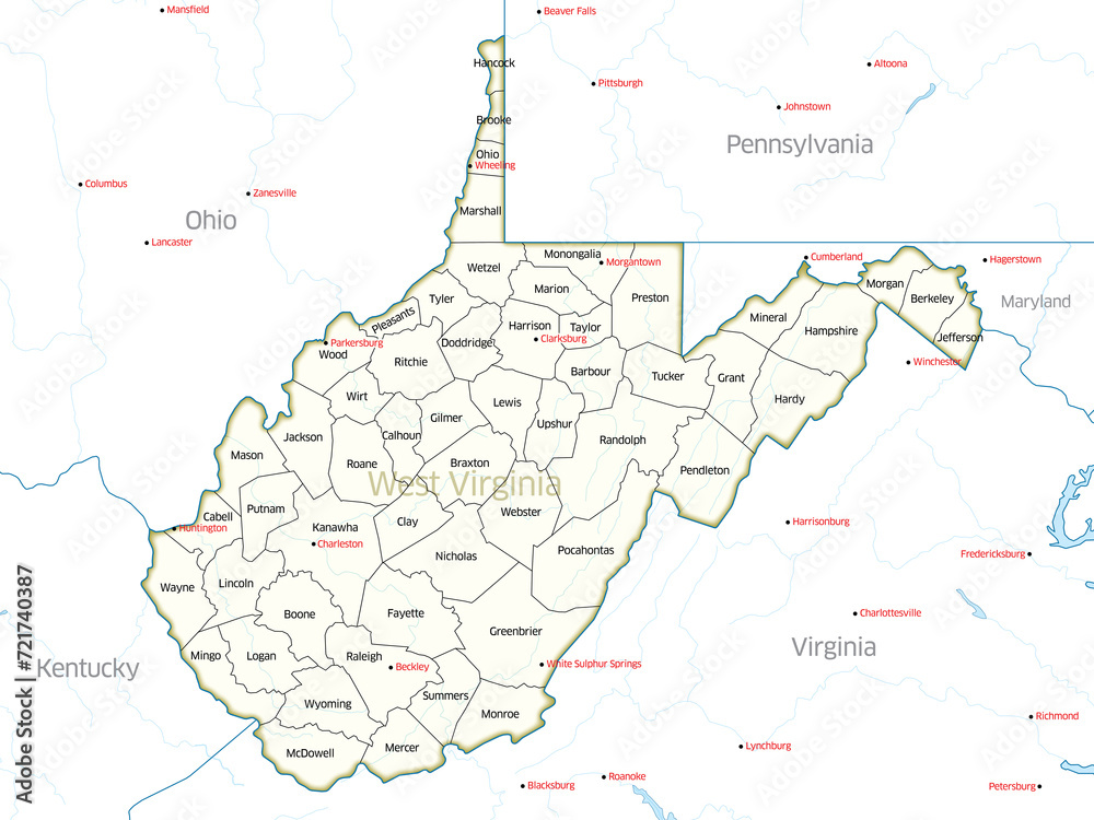 Political map showing the counties of the state of West Virginia.