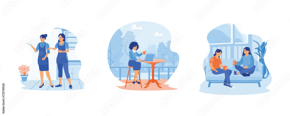 A cheerful female coworker is standing and smiling in a casual coffee shop. Happy young woman sitting outdoors with a laptop and coffee. Two women relaxing on sofa with hot drinks in new home. Women R