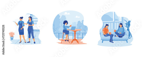 A cheerful female coworker is standing and smiling in a casual coffee shop. Happy young woman sitting outdoors with a laptop and coffee. Two women relaxing on sofa with hot drinks in new home. Women R