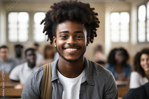 Happy black university student attending lecture in classroom and looking at camera. Generative AI. - 1
