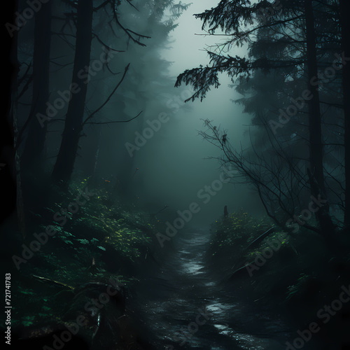 Mystical fog rolling through a dark forest.
