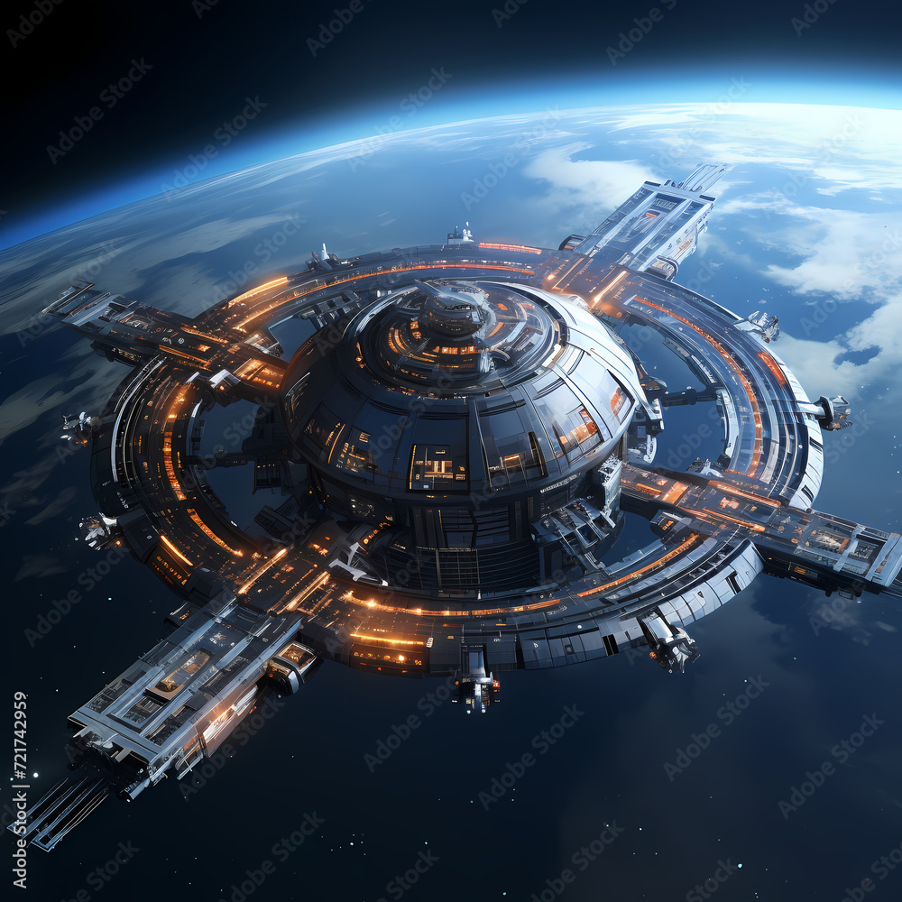 Sci-fi space station in orbit around a distant planet