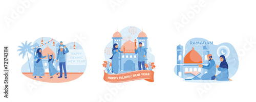 Happy Muslim family celebrating the Islamic New Year. 1 Muharram Islamic New Year. Muslim couple reading the Quran and praying together. Ramadan Kareem concept. Set flat vector illustration.
