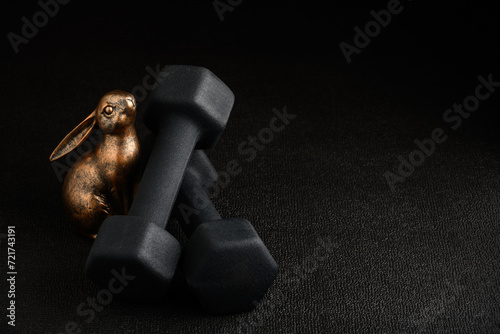Photography Holiday fitness and Happy Easter, gold metal bunny with a pair of dumbbells on a