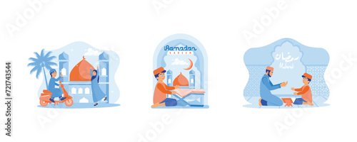 Boys ride scooters and play with fireworks. The boy reads the Quran. Father and son are in the mosque. Ramadan Kareem and Ramadan Mubarak greeting designs concept. Set Flat vector illustration.