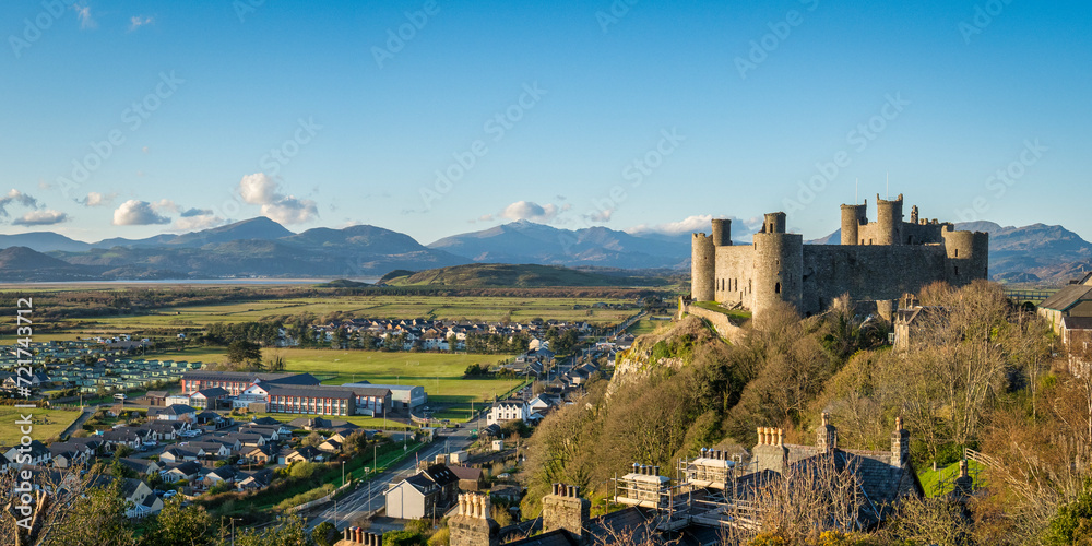 Harlech, Gwynedd, Wales - Panoramic view of Harlech Castle in early Spring.