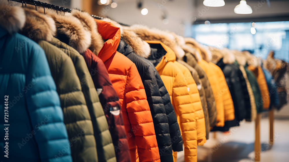 assortment of winter jackets and down jackets on store hangers elective focus. - obrazy, fototapety, plakaty 