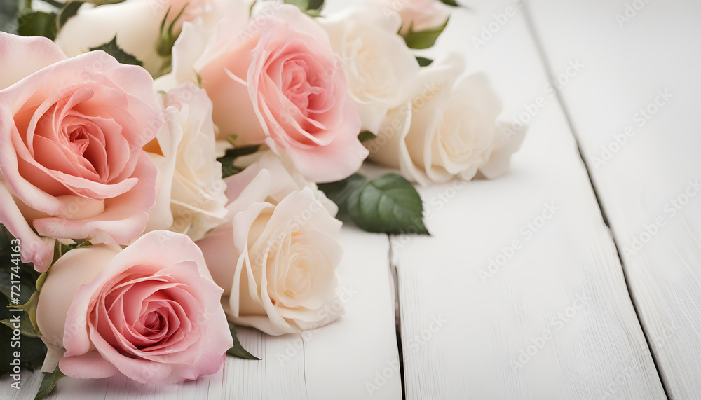 Pink Roses on white wooden table. Pink Roses on white wooden table.
