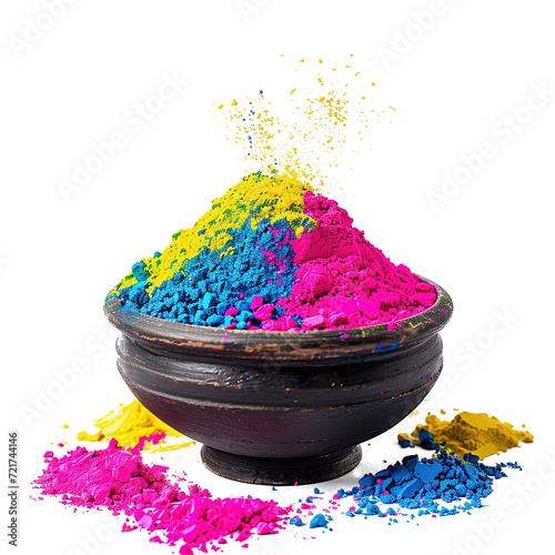 Different color powders in wooden bowl, use for Holi festival isolated on white background.
