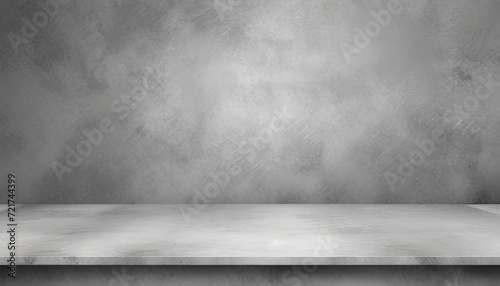 Empty gray wall room interiors studio concrete backdrop and floor cement shelf, well editing montage display products and text present on free space background photo
