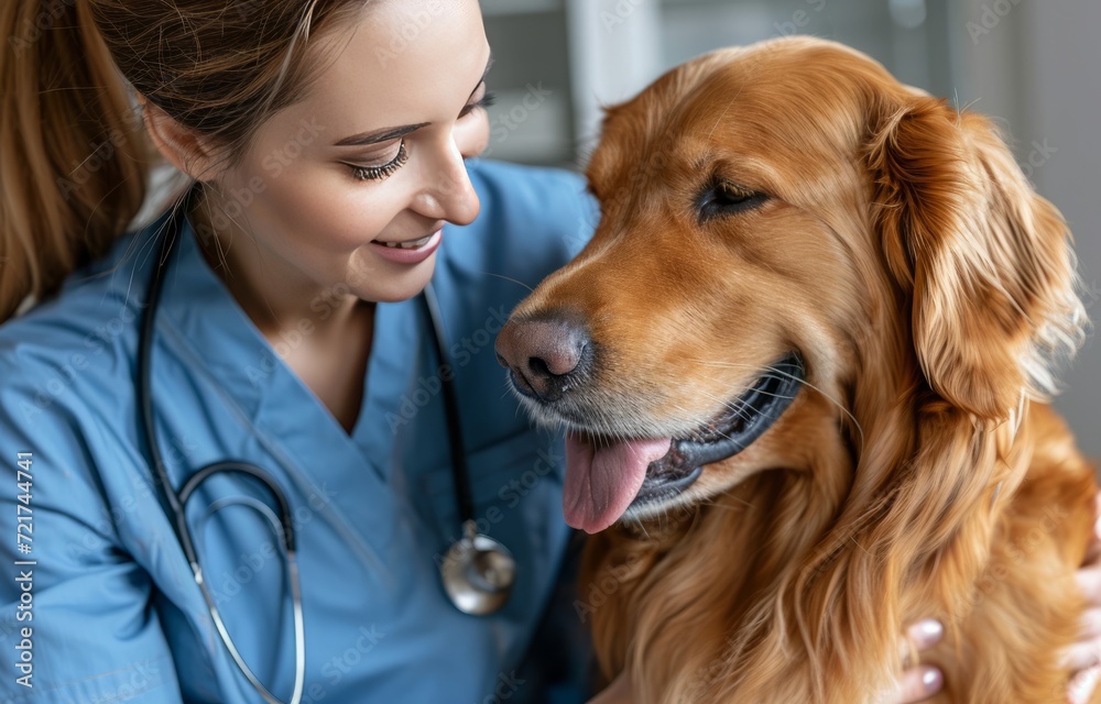 Beautiful Female Veterinarian Petting a Noble Golden Retriever Dog. Healthy Pet on a Check-Up Visit in Modern Veterinary Clinic with Happy Caring Doctor Beautiful Female Veterinarian Petting a Noble Golden Retriever Dog. Healthy Pet on a Check-Up Visit in Modern Veterinary Clinic with Happy Caring Doctor
