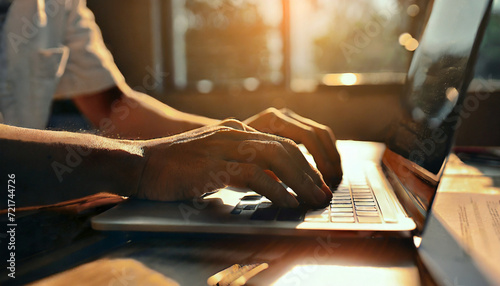 Male hands are typing on a laptop keyboard, a man works, develops a business 