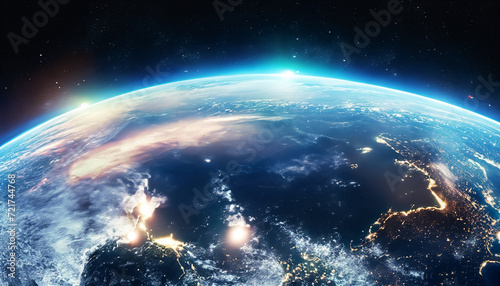 Panoramic view on planet Earth globe from space. Glowing city lights  light clouds.