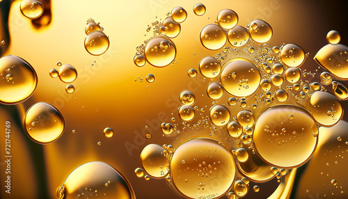 Oil bubbles background bubbling drops of gold liquid. Generative Ai