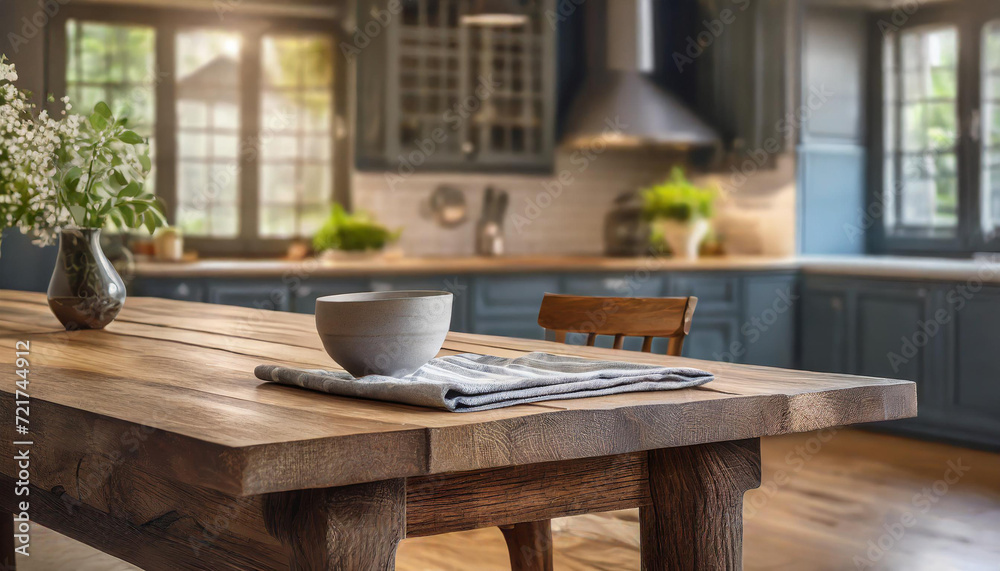 Wooden dining table with napkin in front of blurred kitchen