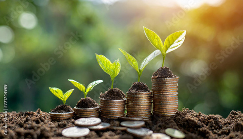 Grow early on coins and soil ideas for saving money, financial growth and profit from business investments. Financial growth concept.