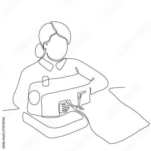 continuous single line drawn woman sewing behind hand drawn sewing machine silhouette. Art line. Woman Sewing Silhouette Illustration Woman sitting with sewing machine isolated