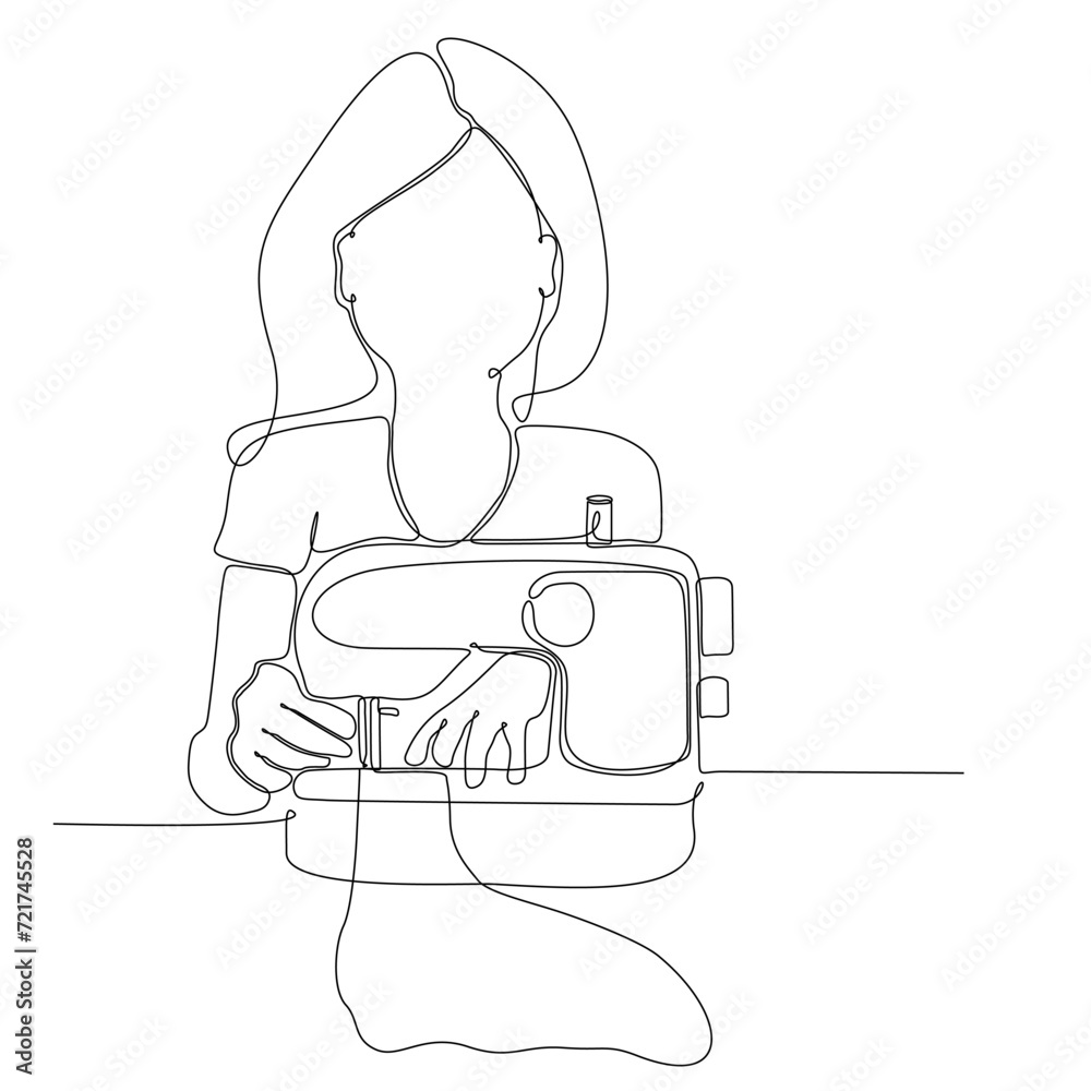 continuous single line drawn woman sewing behind hand drawn sewing machine silhouette. Art line. Woman Sewing Silhouette Illustration Woman sitting with sewing machine isolated continuous single line drawn woman sewing behind hand drawn sewing machine silhouette. Art line. Woman Sewing Silhouette Illustration Woman sitting with sewing machine isolated