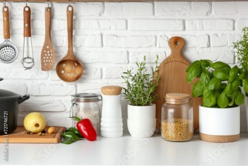 Kitchen utensils, cooking ingredients and kitchenware on white counter table. generative ai.