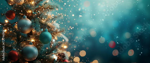 Decorated Xmas tree, festive holiday ornaments, sparkling Christmas decorations, blurred shiny lights, holiday season celebration, festive tree with baubles, Christmas festive background.