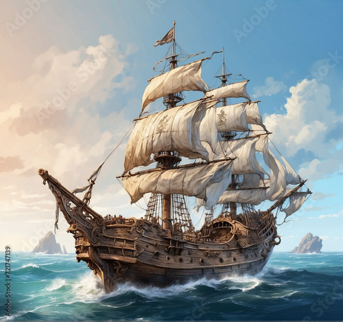 Sailing ship in the sea. 3D illustration. Fantasy.