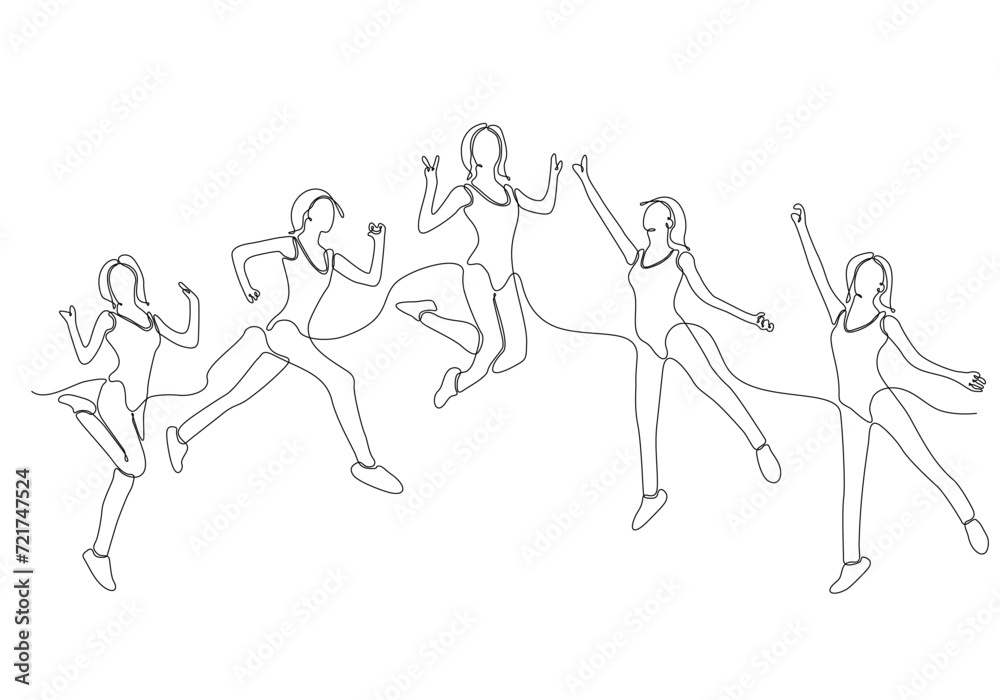 A group of women jumping looking happy and enjoying their life continuously drawing one line minimalism design. Conceptual metaphor design simplicity vector illustration.