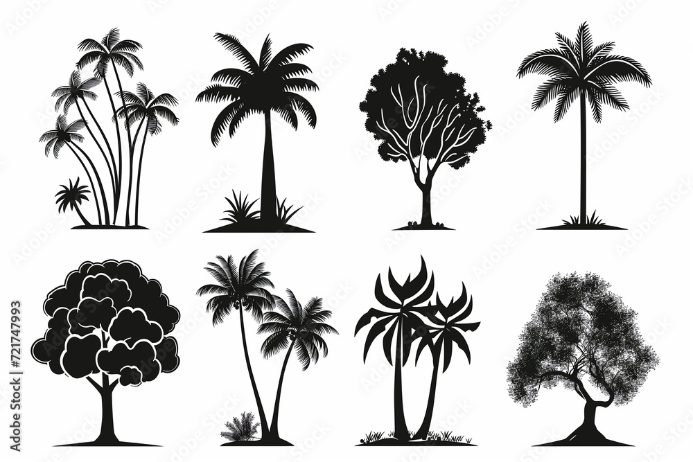 Silhouettes of various tropical trees on a white background
